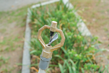 sprinkler water in the garden. Blurred background