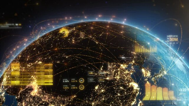Aerial View Of Earth Surface Illuminated By City Lights, With Financial Graphs And Charts Displayed In A Transparent Overlay. Network Connections Between Different Regions, Futuristic Technology, AR.

