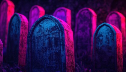 Holographic graveyard decorations with glowing tombstones and digital ghost projections, creating a spooky atmosphere, sci-fi, neon style, purple and blue hues. ,closes up