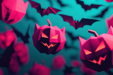 Obraz premium Minimalist Halloween decorations with glowing geometric pumpkins, digital bats flying above, and sleek holographic cobwebs, futuristic, monochrome, sharp contrasts. ,closes up