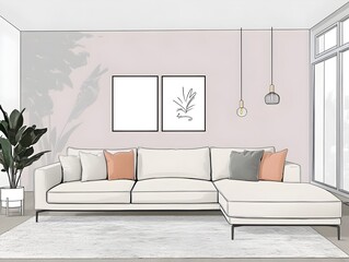 Cozy and inviting modern living room with a large comfortable sectional sofa and minimalist stylish decor the calming color hues and clean lines creating a sophisticated atmosphere