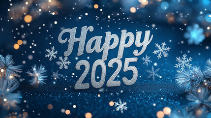 
A festive New Year card featuring '"Happy" "2025"' in elegant silver script against a rich, deep blue background. 