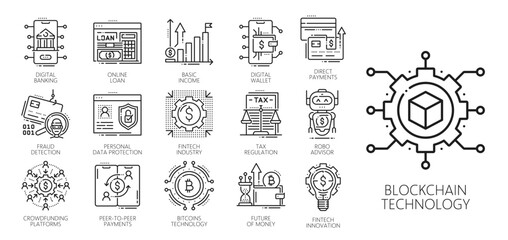 Fintech, blockchain, cryptocurrency technology line icons. Digital business and finance vector outline symbols of bitcoin, digital money exchange, wallet and banking, virtual loan and direct payment