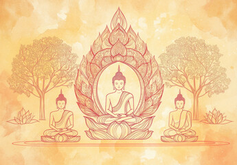Buddha, lotus flower, and three Buddha figures sitting in the center of a golden arch with a tree on a white background.