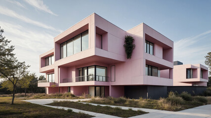Modern pink architectural house with large glass windows and a minimalist design under a clear blue sky.