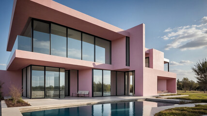Obraz premium Modern pink architectural house with large glass windows and a minimalist design under a clear blue sky.