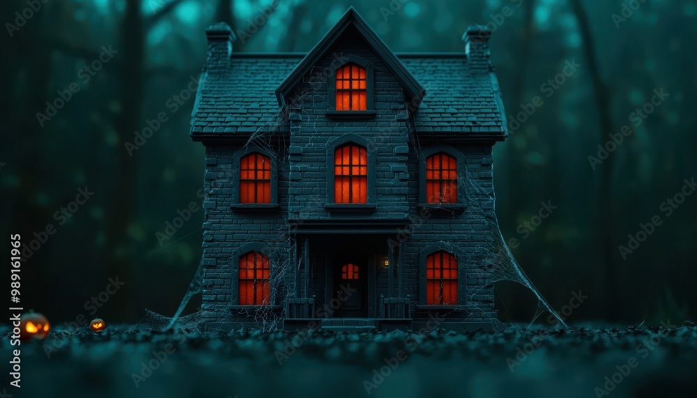 Wall mural halloween haunted house with cobwebs and spooky decorations, 3d illustration