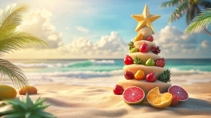New Year tree on a tropical beach. New Year in hot countries.