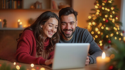 Happy couple talking to family and friends via computer during the holidays
