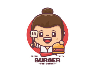 woman chef cartoon  mascot with burger. design template logo