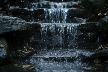 Water cascading over mossy rocks in a natural creek