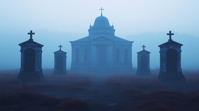 Graveyard scene with mist and haunted mausoleums, 3D illustration
