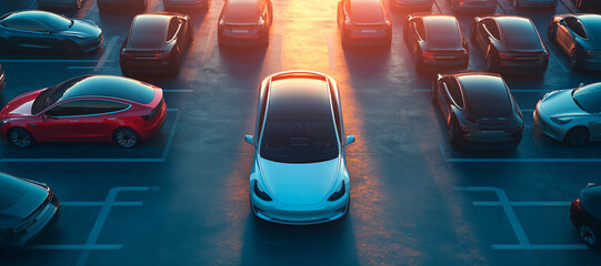 Fototapeta premium Car parked at outdoor parking lot. Used car for sale and rental service. Car insurance background. Automobile parking area. Car dealership and dealer agent concept. Automotive industry. Electric auto