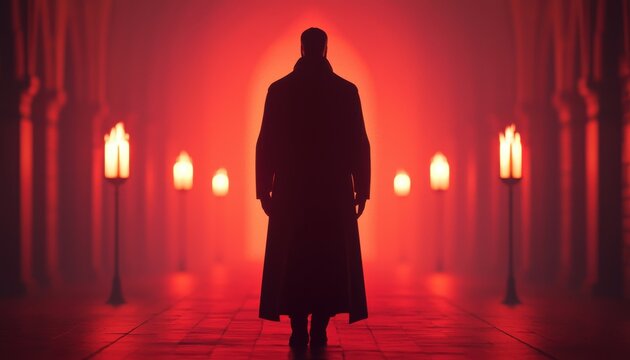 Vampire in a gothic castle, candlelit corridor, spooky atmosphere, 3D illustration ,closes up