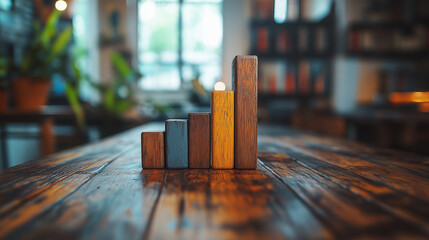 Wooden toy blocks set in graph form growing with green block showing rise.  Concept of growth, stock market rise and hope.