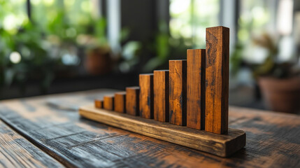 Wooden toy blocks set in graph form growing with green block showing rise.  Concept of growth, stock market rise and hope.