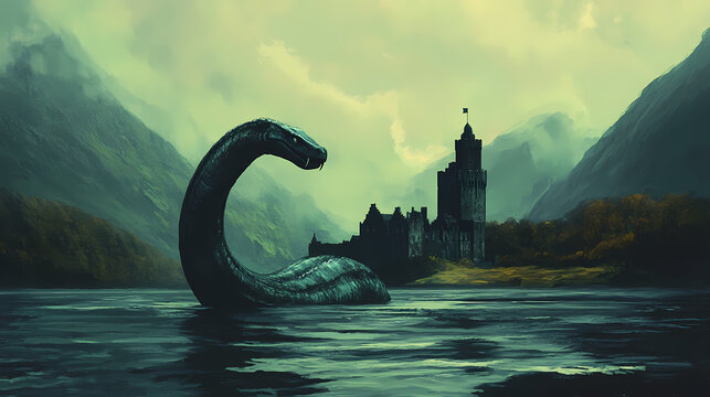 A famous mysterious creature called nessie lives in loch ness, a lake in scotland. it's often seen rising from the water, with a castle standing tall in the background. Sea Serpent. Illustration