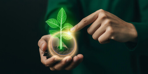 person pointing at glowing green plant symbolizing growth and sustainability