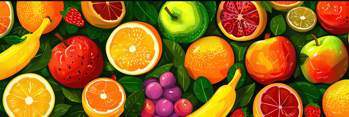 Fruity Frenzy: A fruity-themed game show backdrop covered in colorful fruit illustrations, including bananas, apples, oranges, and strawberries, adding a playful touch to the stage.