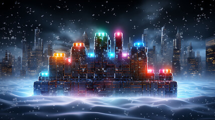 Futuristic Holiday Card celebrating Happy Holidays Team where neonlit 3D text hovers above 2D digital grid leaving expansive blank space lower left personalized writing subtle 4D light trail create