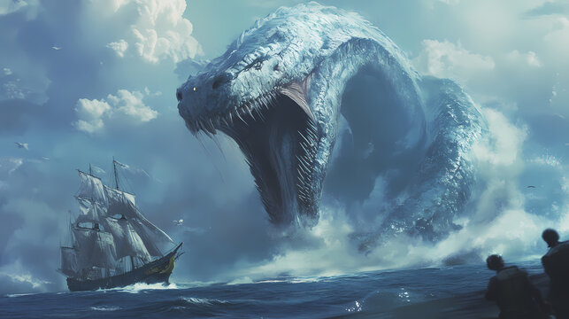 A gigantic sea serpent rises from the depths of the ocean, its massive body dwarfing the ship that sails nearby. Sea Serpent. Illustration