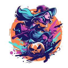 Fototapeta premium A witch with long teal hair flies on a broomstick over a jack-o-lantern in a colorful, abstract illustration.