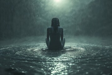 Obraz premium A solitary figure sits in the pouring rain, their back turned to the viewer, encapsulating a moment of reflection or desolation. Mental health concept. 