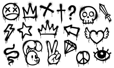 Graffiti spray paint, grunge ink elements of vector street art. Black spray paint heart, star, crown, dead smile emoji and peace symbol, drips and splashes. Graffiti arrow, skull, lightning and eye