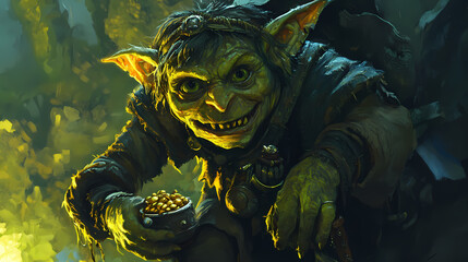 A goblin with a green complexion and a mischievous streak, hoarding treasure and causing mischief wherever it goes.digital art painting,fantasy art,wallpaper. generative ai. Goblin. Illustration