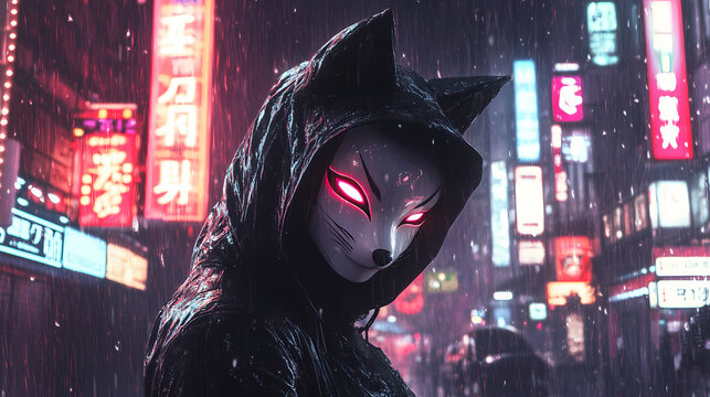 A girl wearing a black hooded jacket and a japanese kitsune fox mask stands in the rain, illuminated by bright neon signs in a cyberpunk-style setting. Kitsune. Illustration