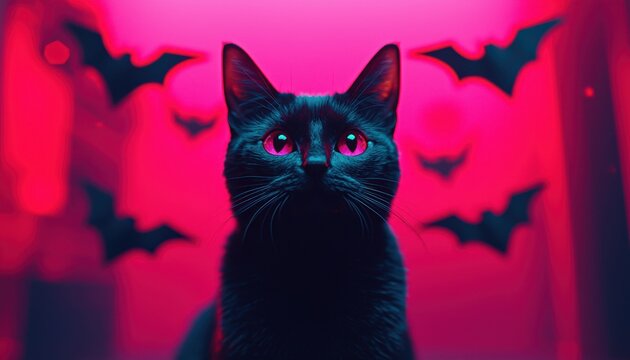 Close-up of a black cat with glowing eyes, surrounded by flying holographic bats, hyper-realistic, vibrant colors, sharp focus, low lighting.
