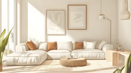 Bright and airy modern living room with a cozy and comfortable sofa minimalist coffee table and neutral decor creating a calming and serene ambiance