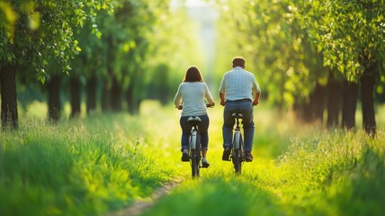 Obraz premium Young Couple Biking Through a Lush Tree-Lined Path