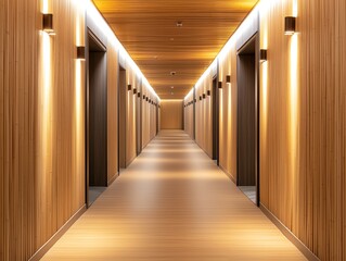 Modern hotel corridor with wooden accents