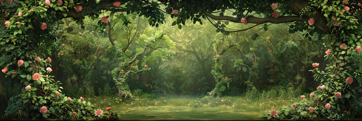 Forest Fantasia: A lush, green game show backdrop featuring trees, flowers, and vines intertwining with one another, creating a whimsical woodland setting that draws the audience in.