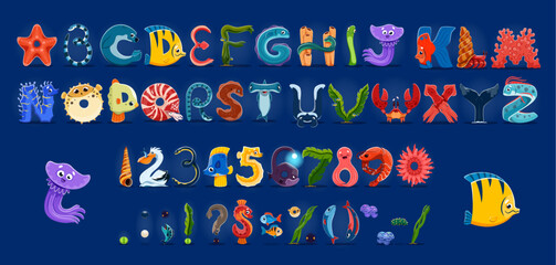 Sea animal alphabet, underwater font, ocean type. Cartoon funny english alphabet letters font with vector marine fish, whale and shark, jellyfish, crab, octopus and squid animals, kids abc characters © Vector Tradition