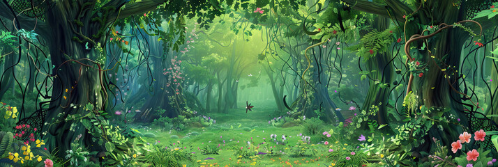Fototapeta premium Forest Fantasia: A lush, green game show backdrop featuring trees, flowers, and vines intertwining with one another, creating a whimsical woodland setting that draws the audience in.