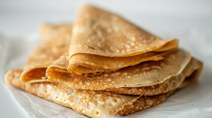 Close-up of Folded Golden Brown Crepe on White Background, Soft and Fluffy French Dessert