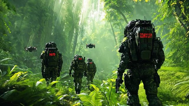 A futuristic jungle expedition with drones scouting ahead, AI-enhanced communication with wildlife, and advanced biosuits.