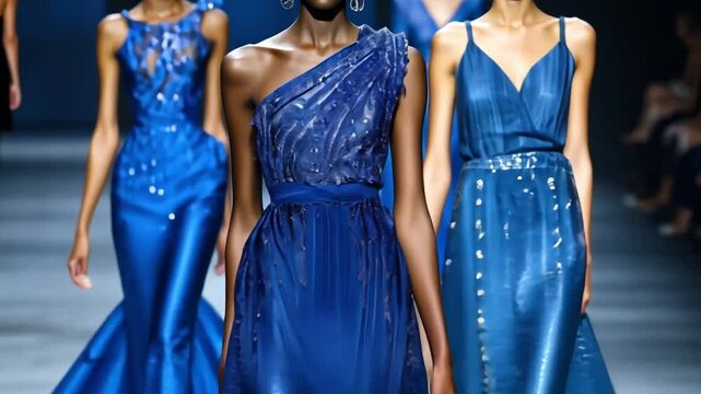A fashion runway show with a collection that mostly featured deep blue hues, ranging from casual denim outfits to evening gowns the color of the royal blue.