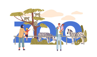 Family Enjoying A Day At The Zoo With Children Observing Zebras And Monkeys. Parents And Kids Interact With The Animals