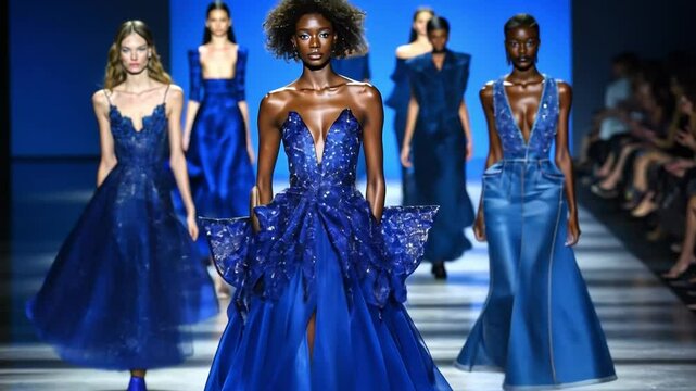 A fashion runway show with a collection that mostly featured deep blue hues, ranging from casual denim outfits to evening gowns the color of the royal blue.