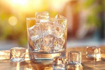 A Glass Filled with Ice Cubes on a Wooden Table with a Sunny Background