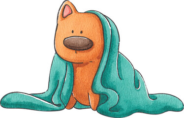 Dog with a towel on its head, hand-drawn watercolor illustration