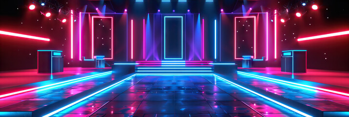 Vibrant Vibes: A neon-lit game show background with vibrant red and blue colors, designed for an energetic and exciting stage.