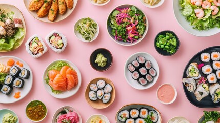 A vibrant spread of sushi, salads, and garnishes arranged on a pink background.