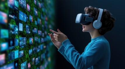 Woman Using VR Headset Navigating Digital Interface