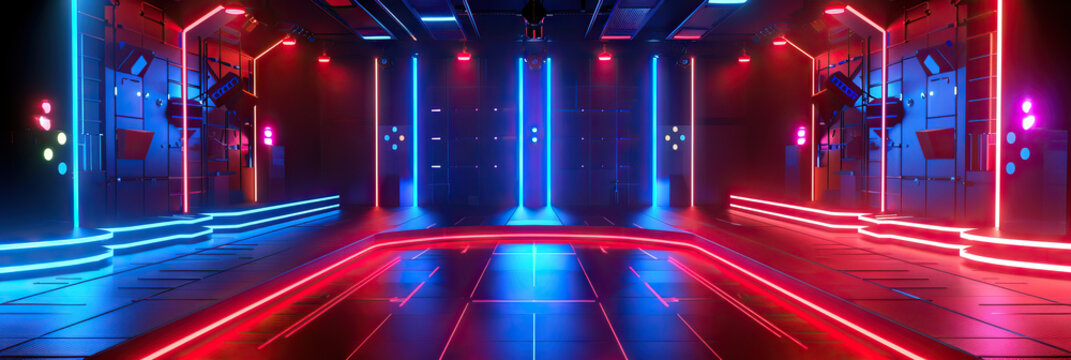 Vibrant Vibes: A neon-lit game show background with vibrant red and blue colors, designed for an energetic and exciting stage.