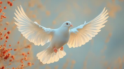 Obraz premium majestic white dove in midflight against a clear sky background wings spread wide capturing the grace and beauty of the birds movement symbolizing peace and freedom