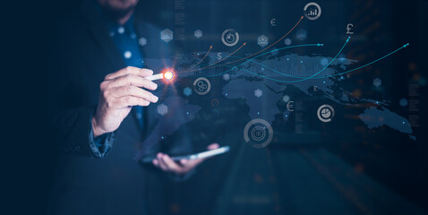 A business professional is sketching a graph showing growth trends by studying the profits from stock market investments in the realm of global business
